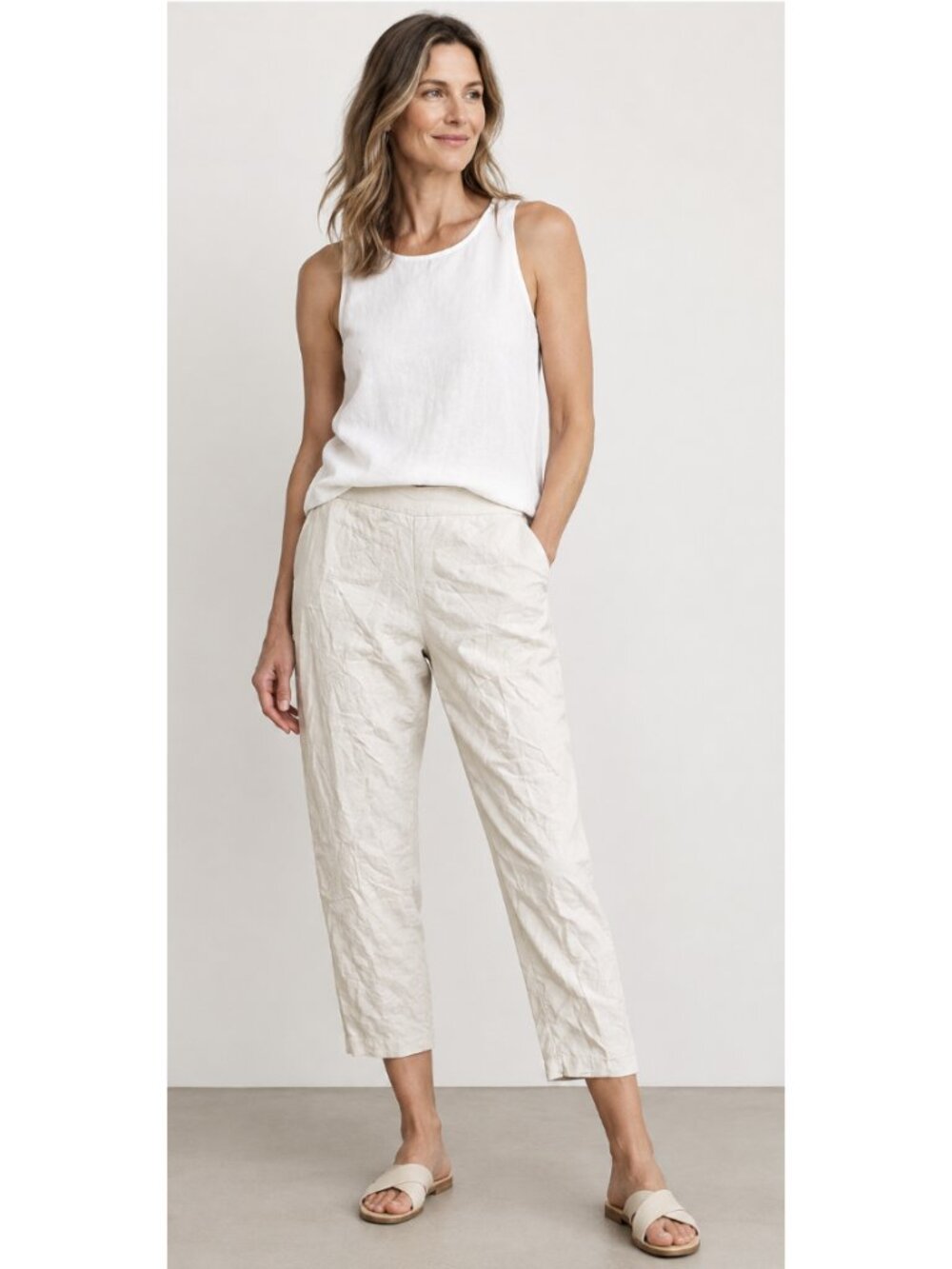EILEEN FISHER 100% Linen Tapered Leg Pants Ecru Medium Minimalist Lagenlook